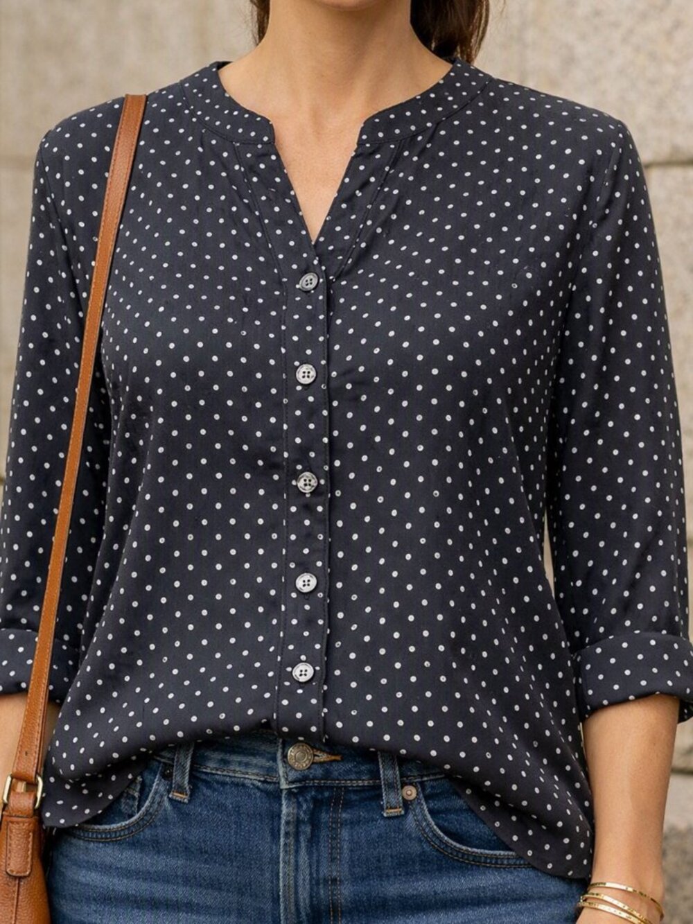 Croft & Barrow Split V Neck Long Sleeve roll up Tabs Top Black and Tan dots MP